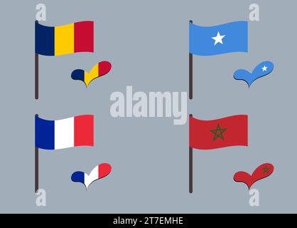 Set of flags (Chad, Somalia, Saint Martin, Morocco). Heart in flag colors. Set of national symbols. Stock Vector
