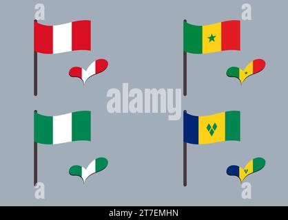 Set of flags (Nigeria, Peru, Senegal, Mali). Heart in flag colors. Set of national symbols. Stock Vector