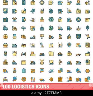 100 logistics icons set. Color line set of logistics vector icons thin line color flat on white Stock Vector