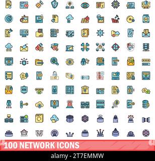 100 network icons set. Color line set of network vector icons thin line color flat on white Stock Vector