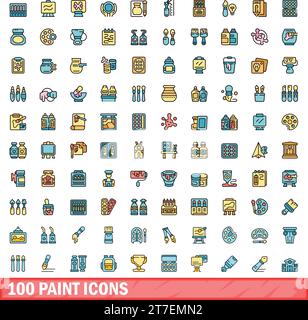 100 paint icons set. Color line set of paint vector icons thin line color flat on white Stock Vector