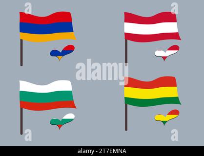 Set of flags (Austria, Armenia, Bulgaria, Bolivia). Heart in flag colors. Set of national symbols. Stock Vector