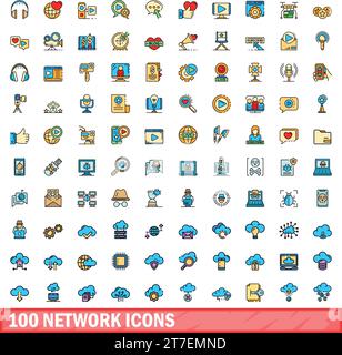 100 network icons set. Color line set of network vector icons thin line color flat on white Stock Vector