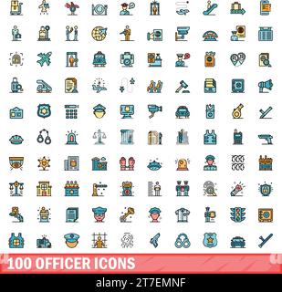 100 officer icons set. Color line set of officer vector icons thin line color flat on white Stock Vector