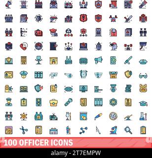 100 officer icons set. Color line set of officer vector icons thin line color flat on white Stock Vector