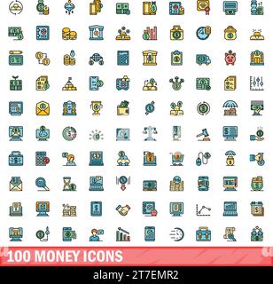 100 money icons set. Color line set of money vector icons thin line color flat on white Stock Vector