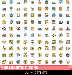 100 logistics icons set. Color line set of logistics vector icons thin line color flat on white Stock Vector