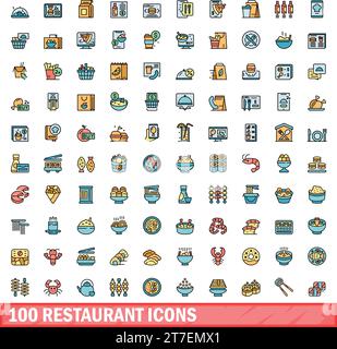 100 restaurant icons set. Color line set of restaurant vector icons thin line color flat on white Stock Vector