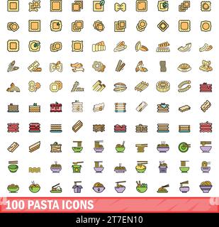 100 pasta icons set. Color line set of pasta vector icons thin line color flat on white Stock Vector