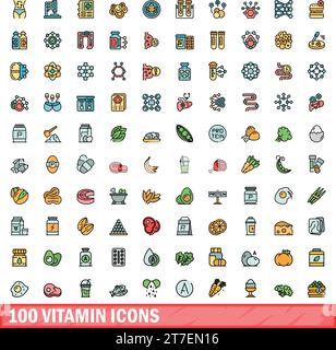 100 vitamin icons set. Color line set of vitamin vector icons thin line color flat on white Stock Vector