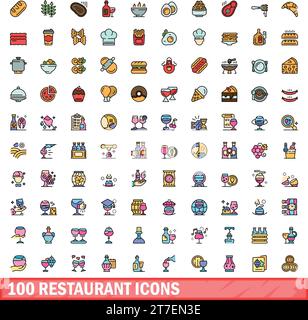 100 restaurant icons set. Color line set of restaurant vector icons thin line color flat on white Stock Vector
