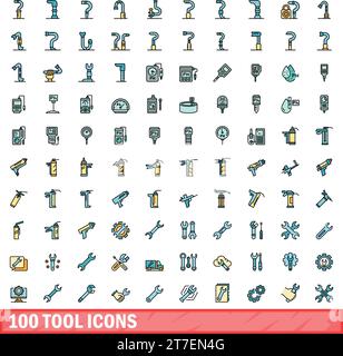100 tool icons set. Color line set of tool vector icons thin line color flat on white Stock Vector