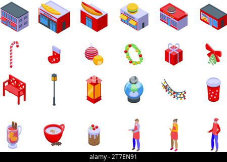 Street cafe on Christmas icons set isometric vector. Street city. Coffee public garden Stock Vector