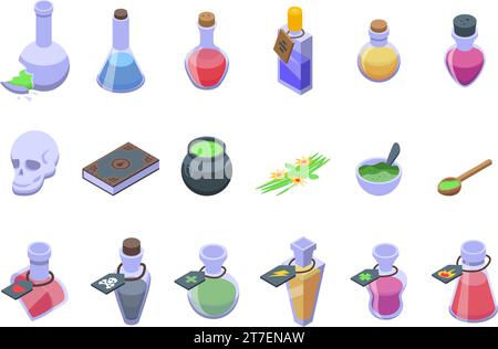 Magic elixir icons set isometric vector. Potion glass. Flask witch poison Stock Vector