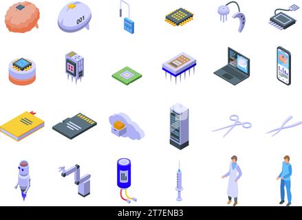Brain implant icons set isometric vector. Stimulation device. Brain health medical Stock Vector