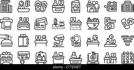 Hotel reception icons set outline vector. Desk lobby service. Counter room Stock Vector