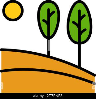 Vector logo of nature in color style. Flat icon of simple landscape with trees, sun, fields. Business emblem, badge for a travel, farming and ecology Stock Vector