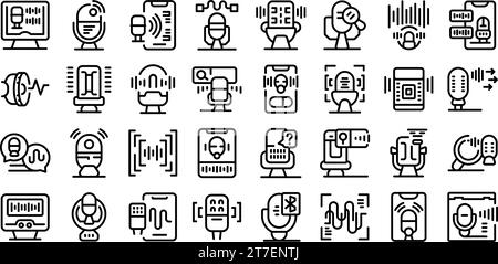 Voice search icons set outline vector. Digital marketing. Computer ai mic Stock Vector