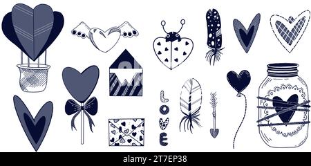 Set of vector illustrations for Valentine's Day. Heart-shaped balloon, love letters, Cupid's arrows, feathers drawn in vector in dark blue. Stock Vector