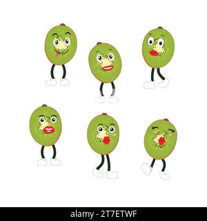 Cute kiwi cartoon. with happy facial expressions and different pose. Cartoon character of slice of kiwi with various chef emoticons Stock Vector