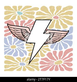 T-shirt design of the thunderbolt  symbol with wings on a background of flowers. Stock Vector