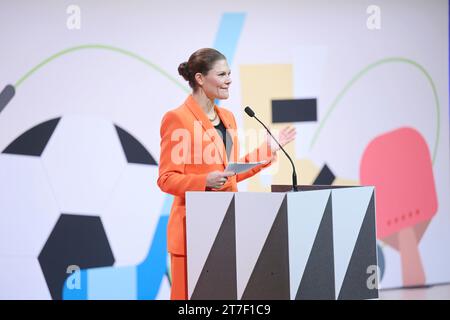 STOCKHOLM, SWEDEN 20231115Crown Princess Victoria gives a speech in Aula Medica, Karolinska Institute during Generation Pep's 'Pep Forum'. Generation Stock Photo