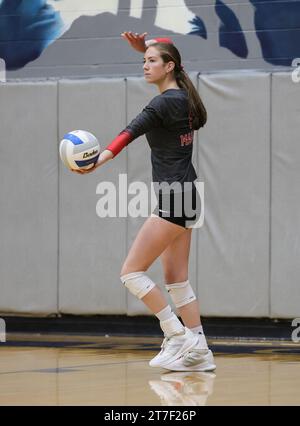 High School volleyball action with Madison vs Post Falls in Coeur d'Alene, Idaho. Stock Photo