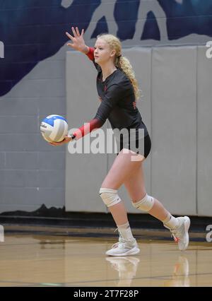 High School volleyball action with Madison vs Post Falls in Coeur d'Alene, Idaho. Stock Photo