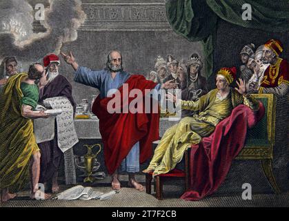 Illustration of Daniel Interpreting the Handwriting on the Wall during the Feast of Belshazzar (Daniel) from the Self-Interpreting Family Bible Stock Photo