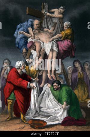 Illustration of The Descent from the Cross (Luke XXXIII.53) From the Self-Interpreting Family Bible Stock Photo