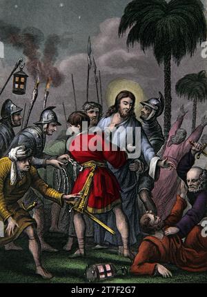Illustration of Jesus Christ being Betrayed and Arrested (MatthewXXVI.50) from the Self-Interpreting Family Bible Stock Photo