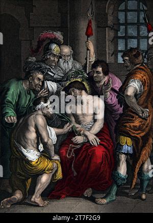 Illustration of the Roman Soldiers Placing the Crown of thorns on Jesus Christ Head (matthew) Stock Photo