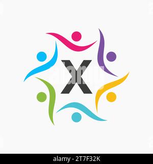 Unity Logo On Letter X Template. Charity Sign, Communication, Team Symbol, Union Icon Stock Vector