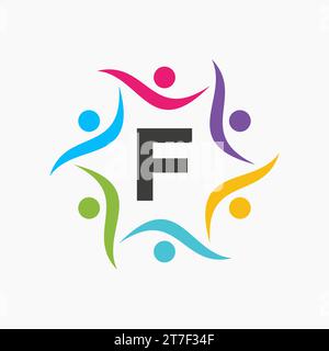 Unity Logo On Letter F Template. Charity Sign, Communication, Team Symbol, Union Icon Stock Vector