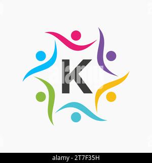 Unity Logo On Letter K Template. Charity Sign, Communication, Team Symbol, Union Icon Stock Vector