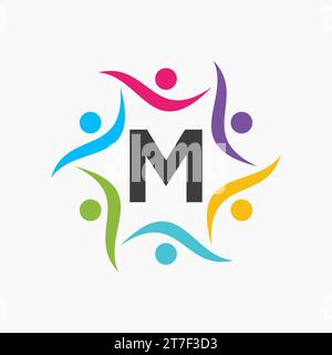 Unity Logo On Letter M Template. Charity Sign, Communication, Team Symbol, Union Icon Stock Vector