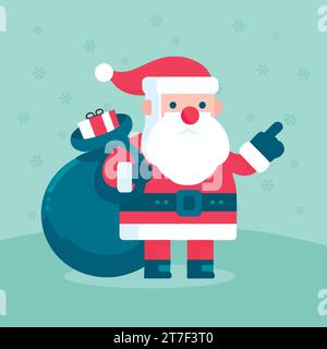 santa claus carrying bag full of gift pointing hand design, vector santa carry box presents snowflakes happy xmas character santa hold big sack of gif Stock Vector