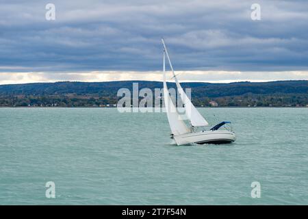 Sailing in cloudy weather in autumn on Lake Balaton Stock Photo