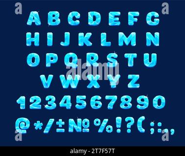 Cartoon ice font, frozen winter type, blue crystal typeface, frost english alphabet. Ice vector font, alphabet frozen letters and digits, latin ABC icy punctuation and numeral symbol from glossy glass Stock Vector