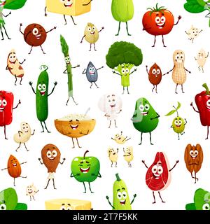 Cartoon cute keto diet food characters seamless pattern. Wrapping paper pattern, wallpaper vector seamless background with broccoli, asparagus, cucumber and avocado, mushroom, peanut cute personages Stock Vector