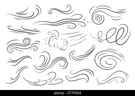 Doodle air wind motions. Isolated vector set of abstract swirls, blow waves, curve spirals in black colors, capturing the dynamic essence of movement and energy in a playful and artistic manner Stock Vector