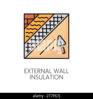 External wall thermal insulation icon. Home facade energy save technology and heat protection material, house building thermal isolation system linear vector icon with brick wall, mesh and trowel Stock Vector