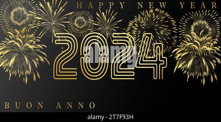 Happy New Year 2024. Golden numbers with ribbons and confetti on a dark purple background. Stock Photo
