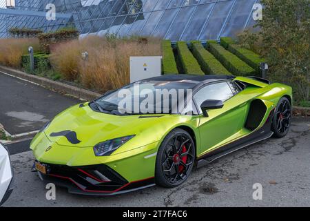 Luxembourg City, Luxembourg -  Green Lamborghini Aventador Ultimae Roadster parked in a parking lot. Stock Photo
