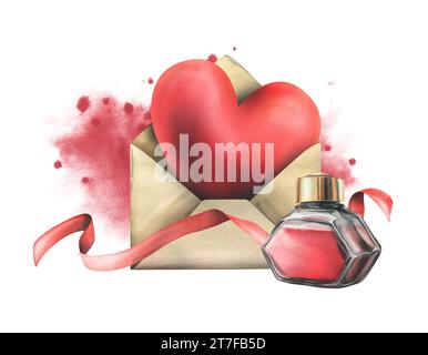 Big red heart in an envelope with ink and ribbon. Hand drawn watercolor illustration. Ready isolated composition on a white background. Stock Photo