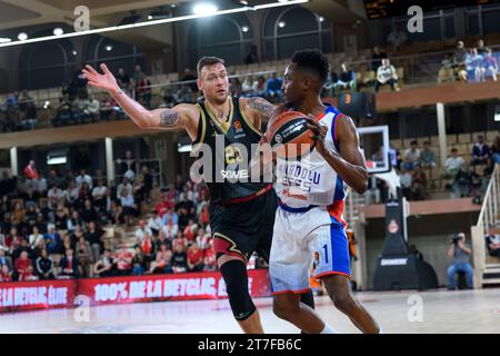 Monaco, Monaco. 14th Nov, 2023. Rodrigue Beaubois #1 of Efes Anadolu Istanbul and Monaco player #20 Donatas Motiejunas are seen in action during the Turkish Airlines Euroleague Basketball Round 8 between AS Monaco and Efes Anadolu Istanbul at Salle Gaston Medecin. Final score; Efes Anadolu Istanbul 89 : 82 AS Monaco. (Photo by Laurent Coust/SOPA Images/Sipa USA) Credit: Sipa US/Alamy Live News Stock Photo