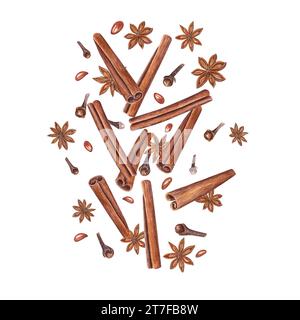 Cinnamons sticks, star anise, dried cloves. Winter aromatic spices for hot drinks and Xmas baking. Botanical watercolor illustration for package Stock Photo