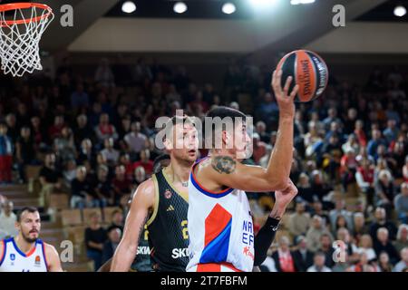 Monaco, Monaco. 14th Nov, 2023. Derek Willis #35 of Efes Anadolu Istanbul and Monaco player #20 Donatas Motiejunas are seen in action during the Turkish Airlines Euroleague Basketball Round 8 between AS Monaco and Efes Anadolu Istanbul at Salle Gaston Medecin. Final score; Efes Anadolu Istanbul 89 : 82 AS Monaco. (Photo by Laurent Coust/SOPA Images/Sipa USA) Credit: Sipa US/Alamy Live News Stock Photo