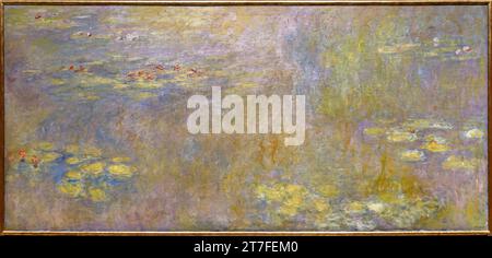 London, UK - May 19, 2023: Painting Water Lilies that is a series of approximately 250 oil paintings by French Impressionist Claude Monet, exposed at Stock Photo