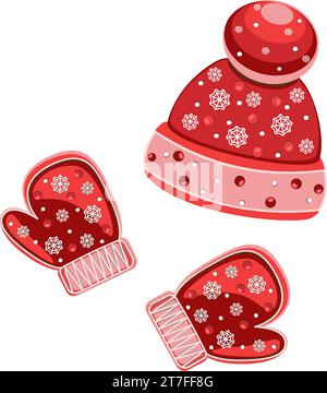 Set of red knitted mittens and hat with snowflakes. Vector illustration Stock Vector